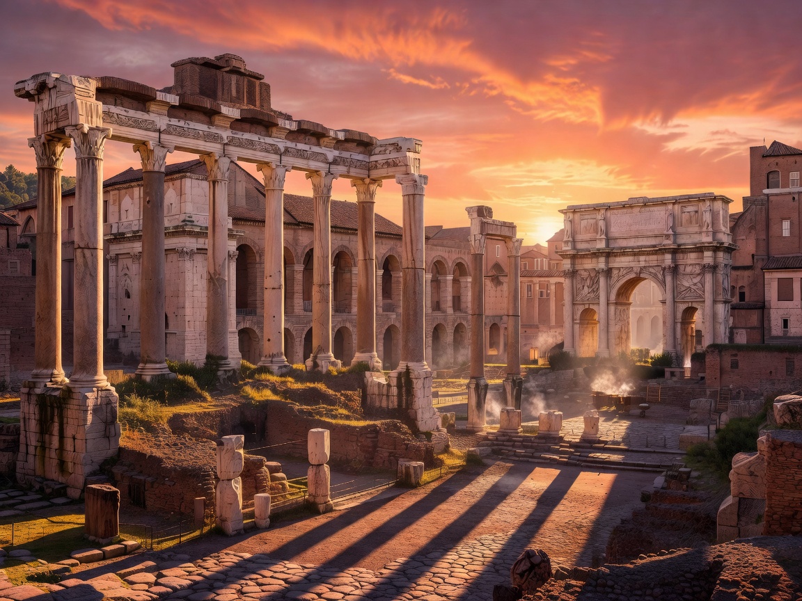 Ancient Roman architecture at sunset
