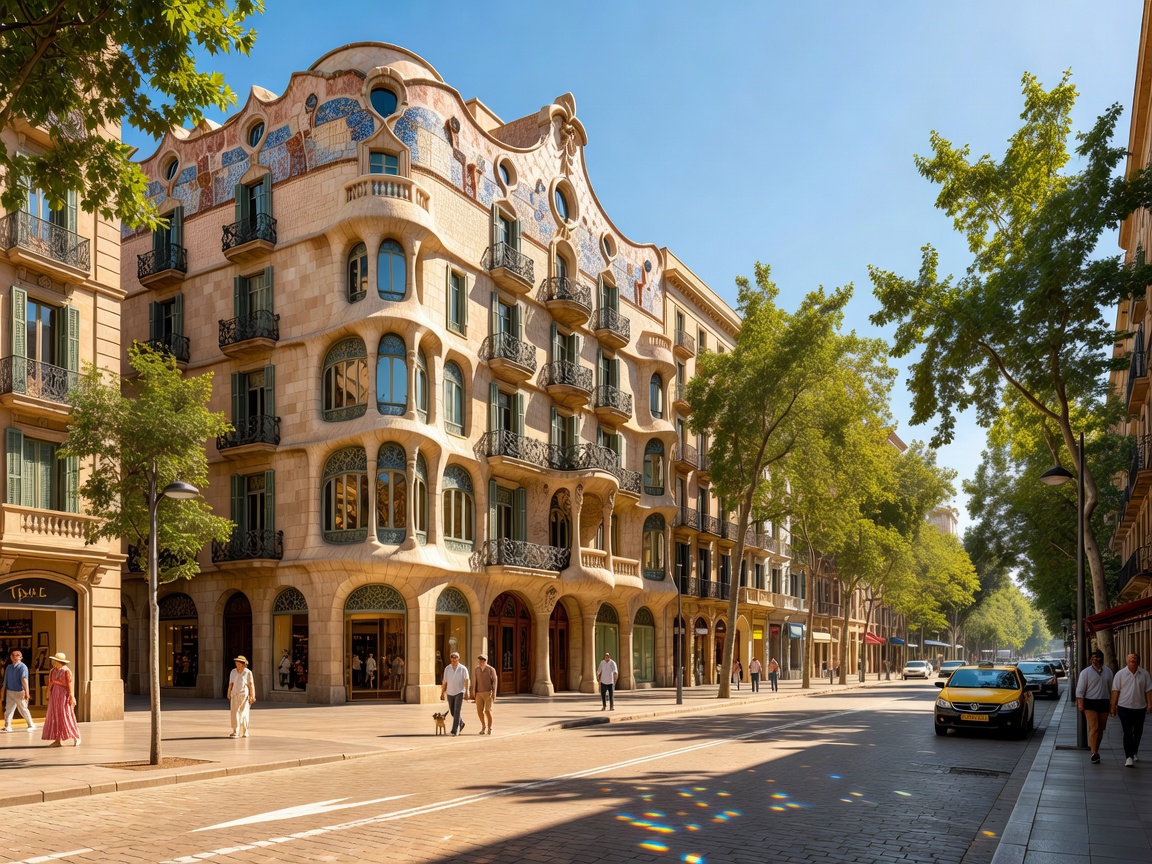 Barcelona modernist building and sunny avenue