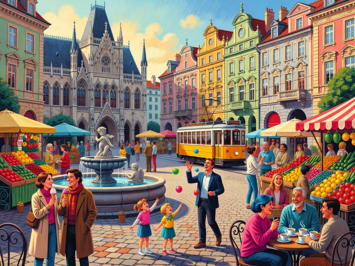 Colourful illustrated travel scene representing a European city weekend