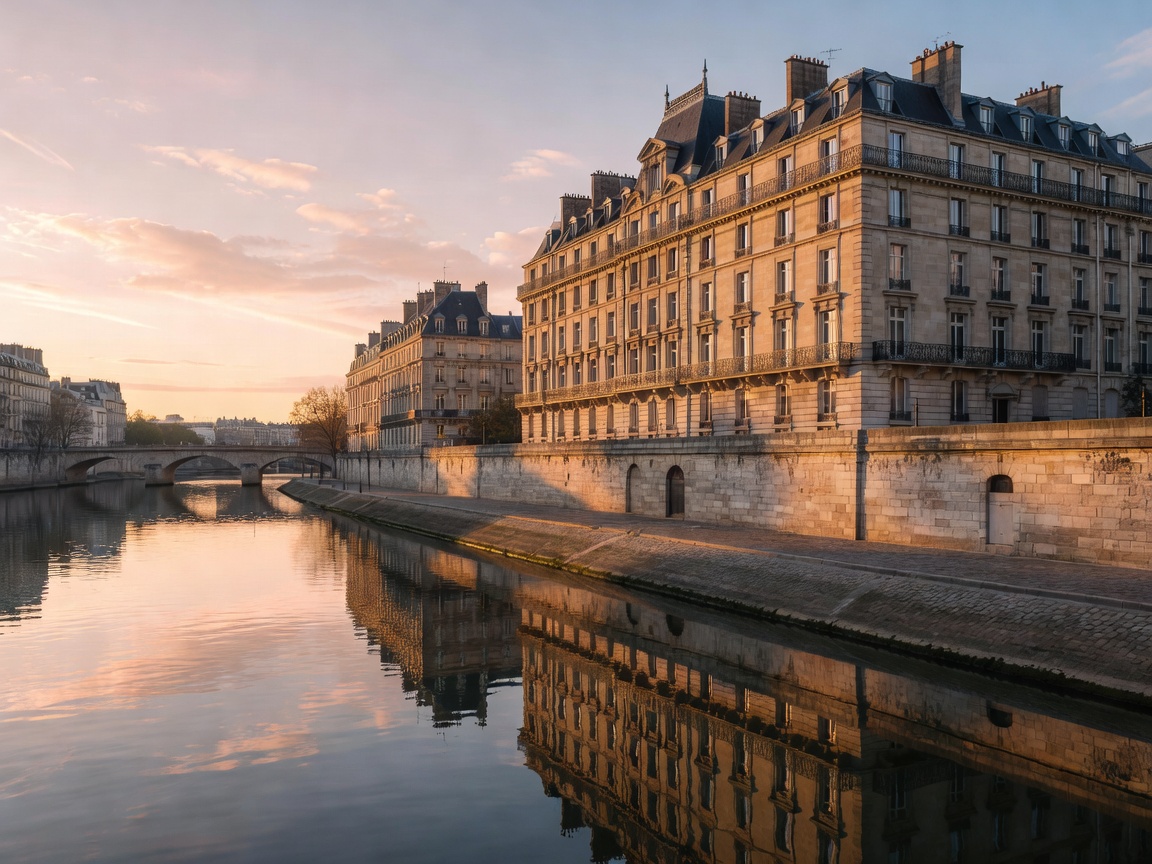 Paris river and historic buildings in evening light
