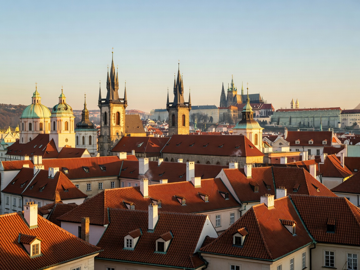 Prague historic rooftops and church towers