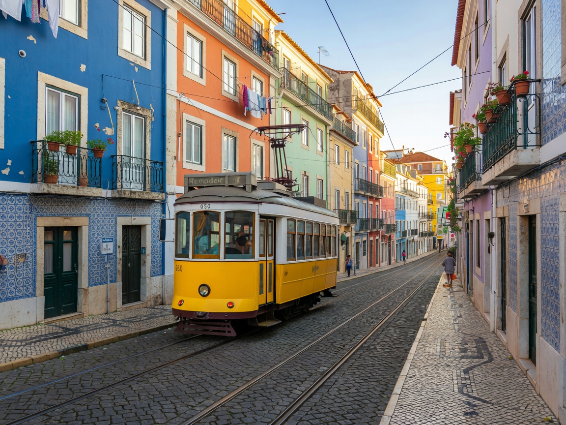 Yellow tram moving through a colourful Lisbon street